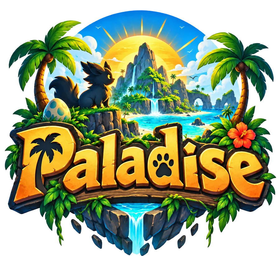Paladise: a tropical island with a waterfall, palm trees and a black fox Pal